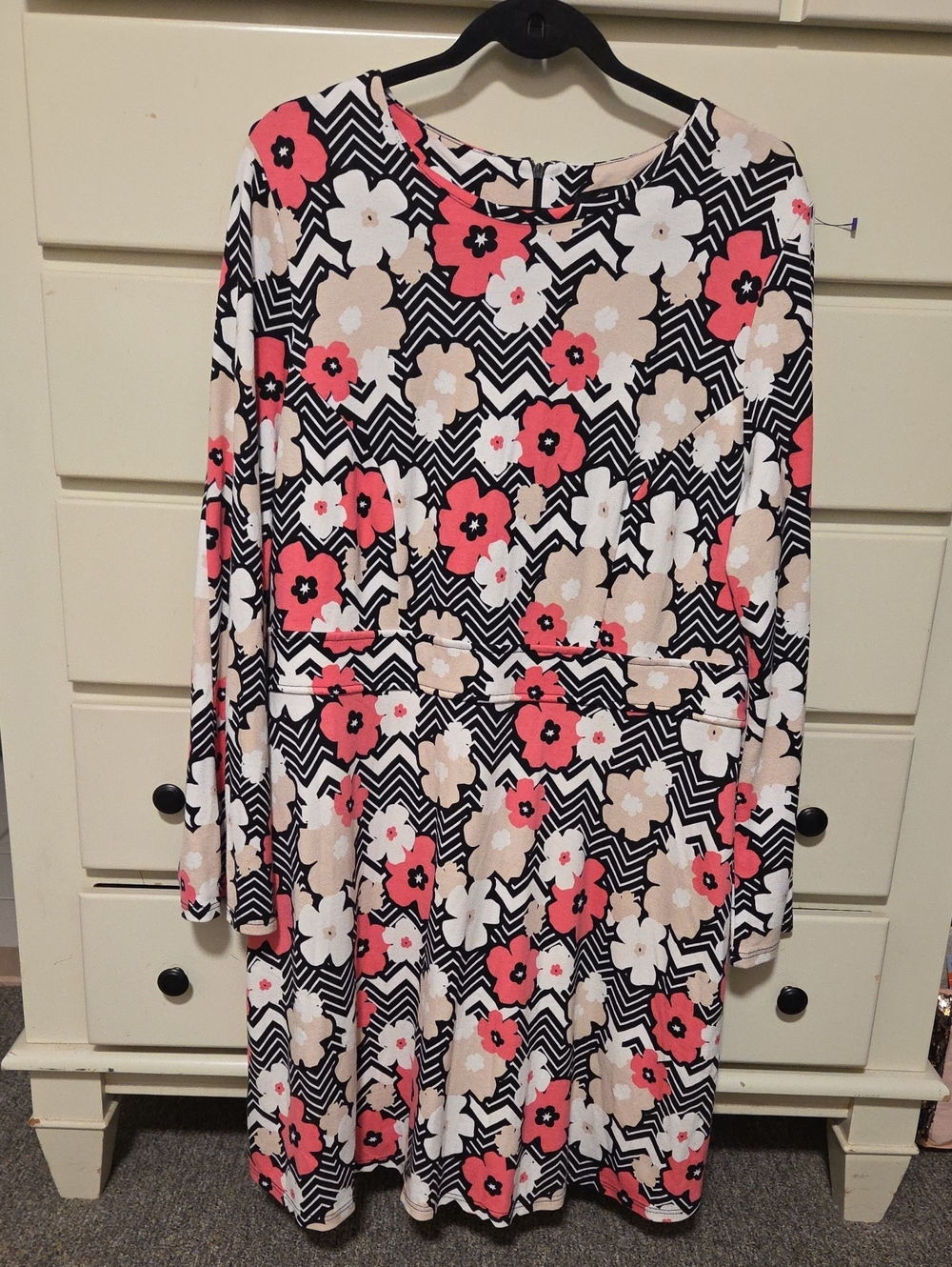 Floral Chevron Dress - Pink, Black & Cream NWT
